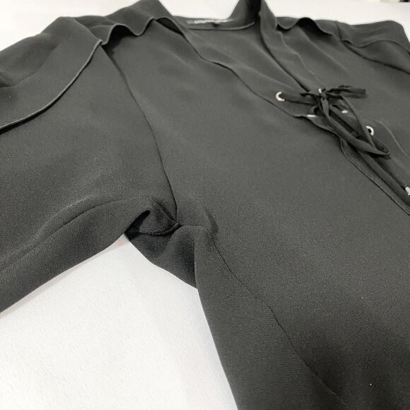 LUISA CERANO BLACK LACE UP NECKLINE SHEER BLOUSE - 6 - Picture 7 of 10